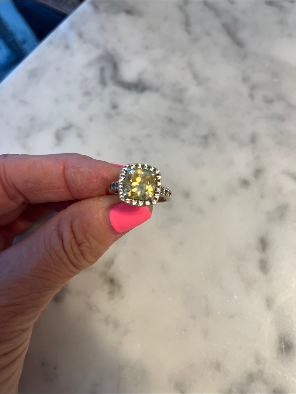 Yellow Cushion-Cut Halo Ring with White Accents
Size 7 1/2